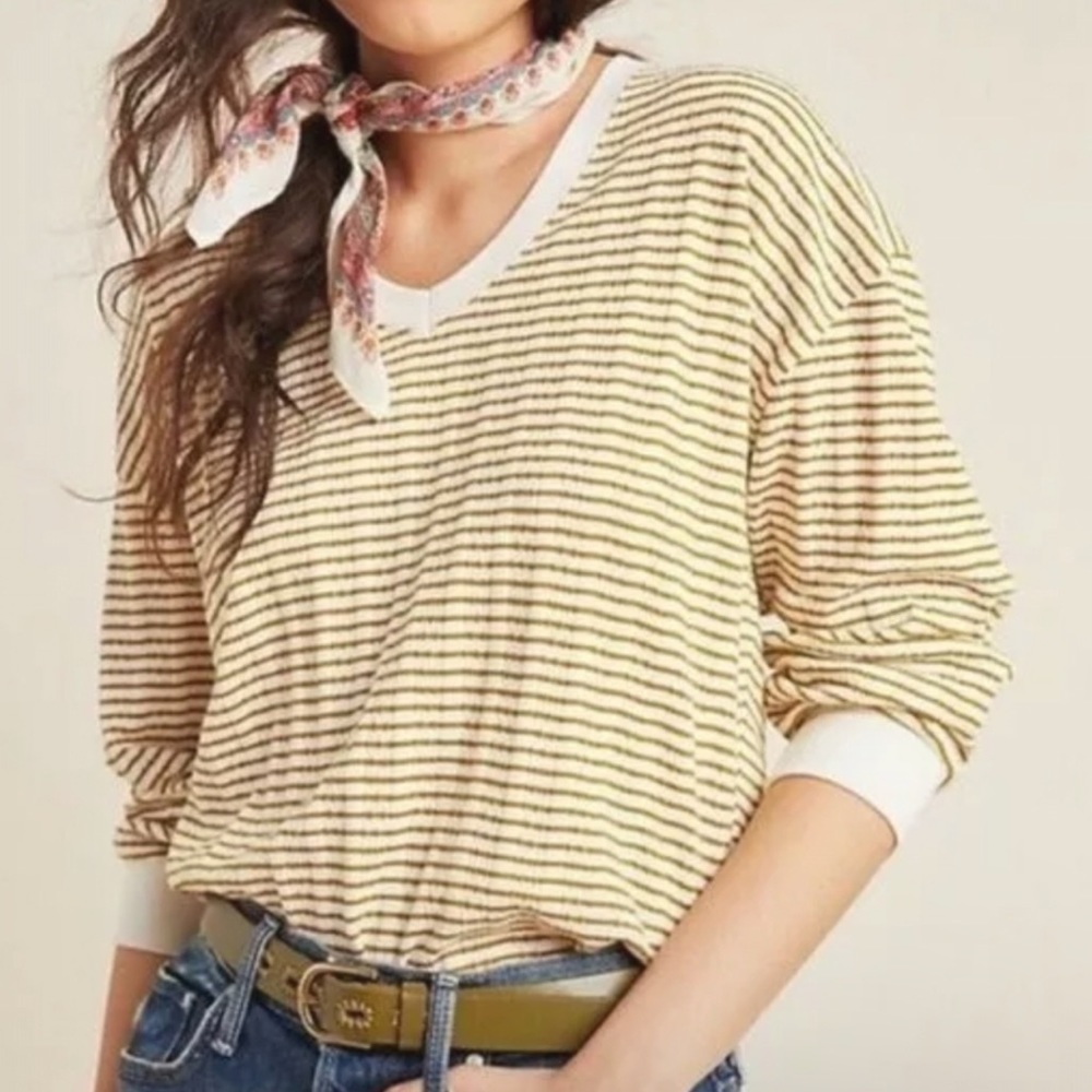Anthropologie Hannah Striped V Neck Sweater Top 3/4 Sleeves Green Cream Medium
